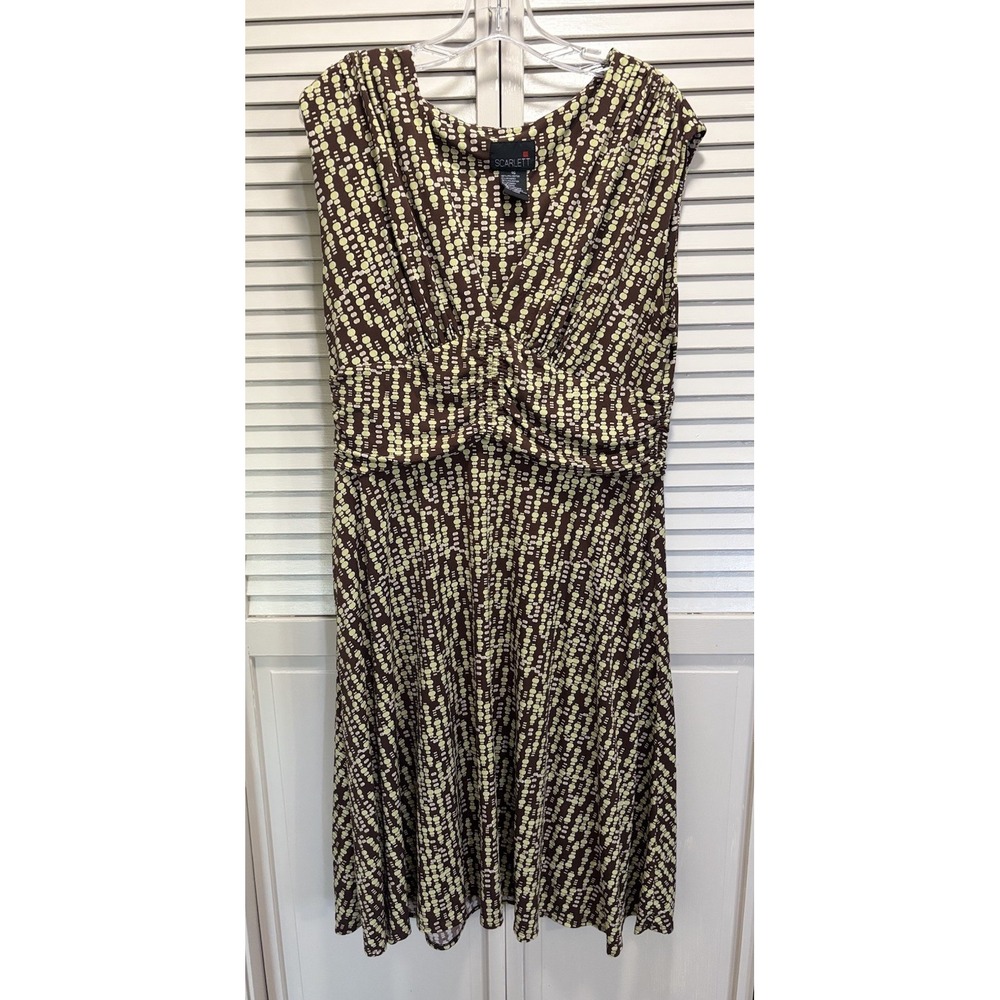 Scarlett Polkadot Brown/Green Sleeveless Dress Gathered Size 16 Flowy Ruffle